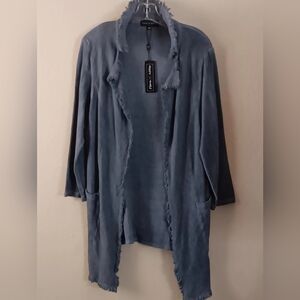 FLORA ASHLEY Fringe Open Cardigan Sweater Blue XS Cotton Artsy